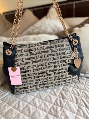 Juicy Couture Black & Beige Logo Shoulder Bag with Gold Chain Straps
